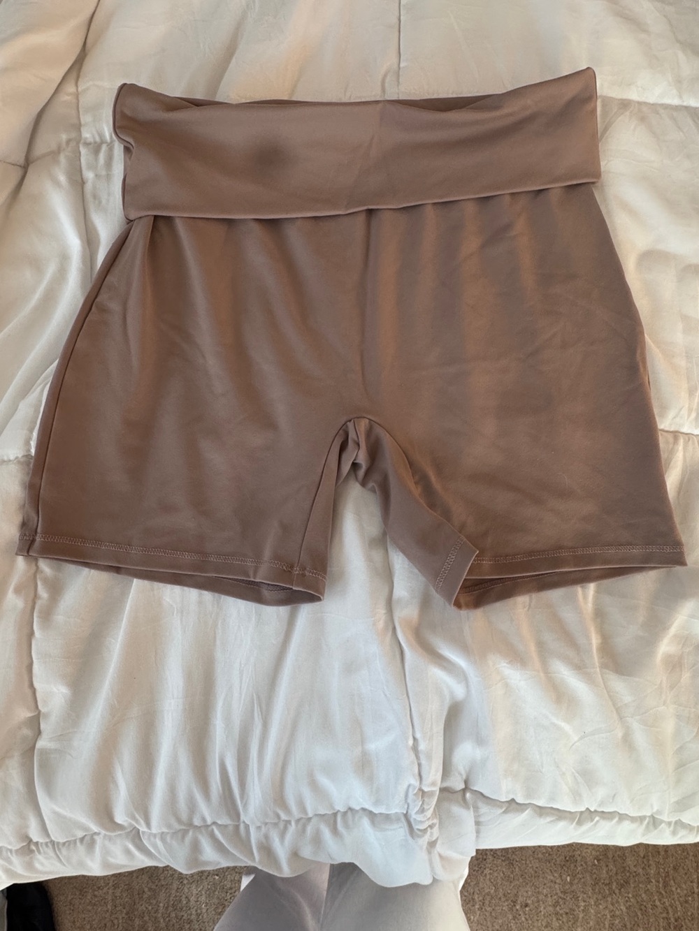 Foldover Waist High-Rise Bike Shorts - Taupe